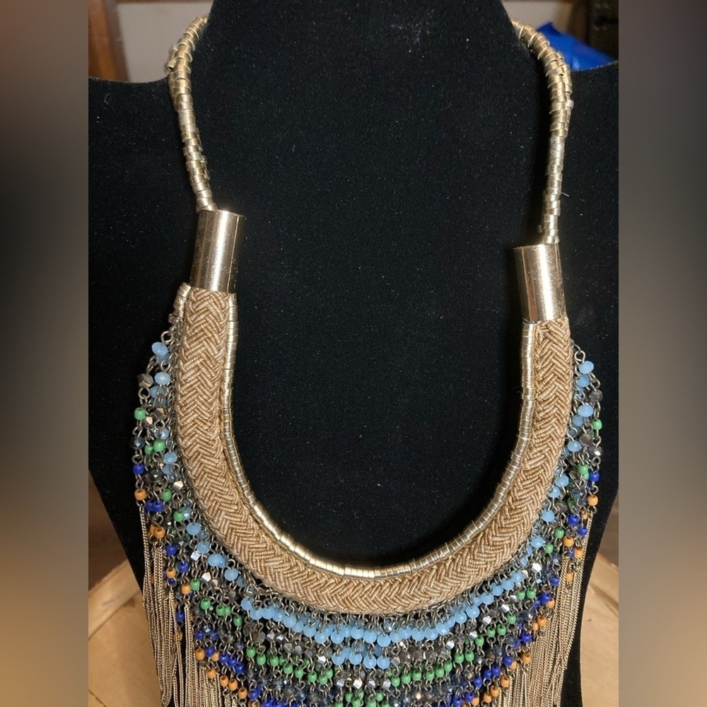 Zara Gold Tone Beaded Fringe Statement Bib Necklace Boho Multi Color Mixed Media - Picture 3 of 4